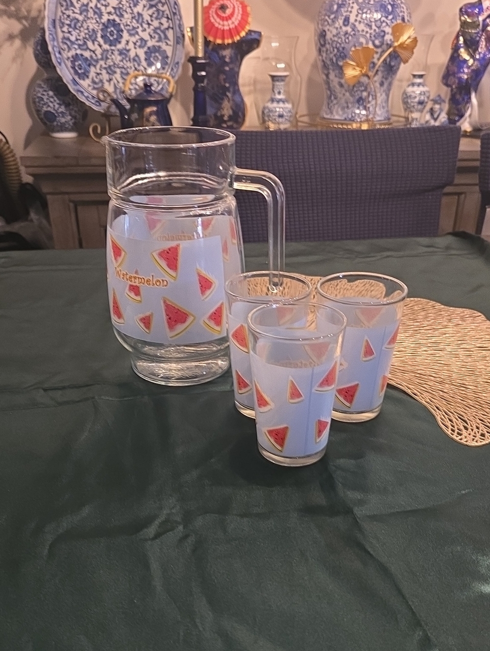 Glass Pitcher and Tumbler Set with Watermelon Motif - Clear Glass